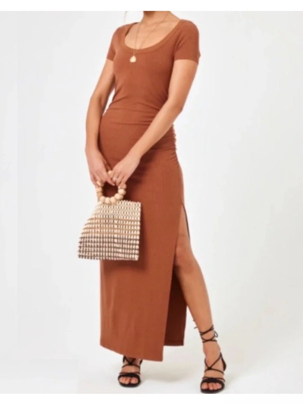 NWT L Space Ribbed Valencia Scoop Neck Maxi Dress Rust Brown XS 0 2 Ruched $168